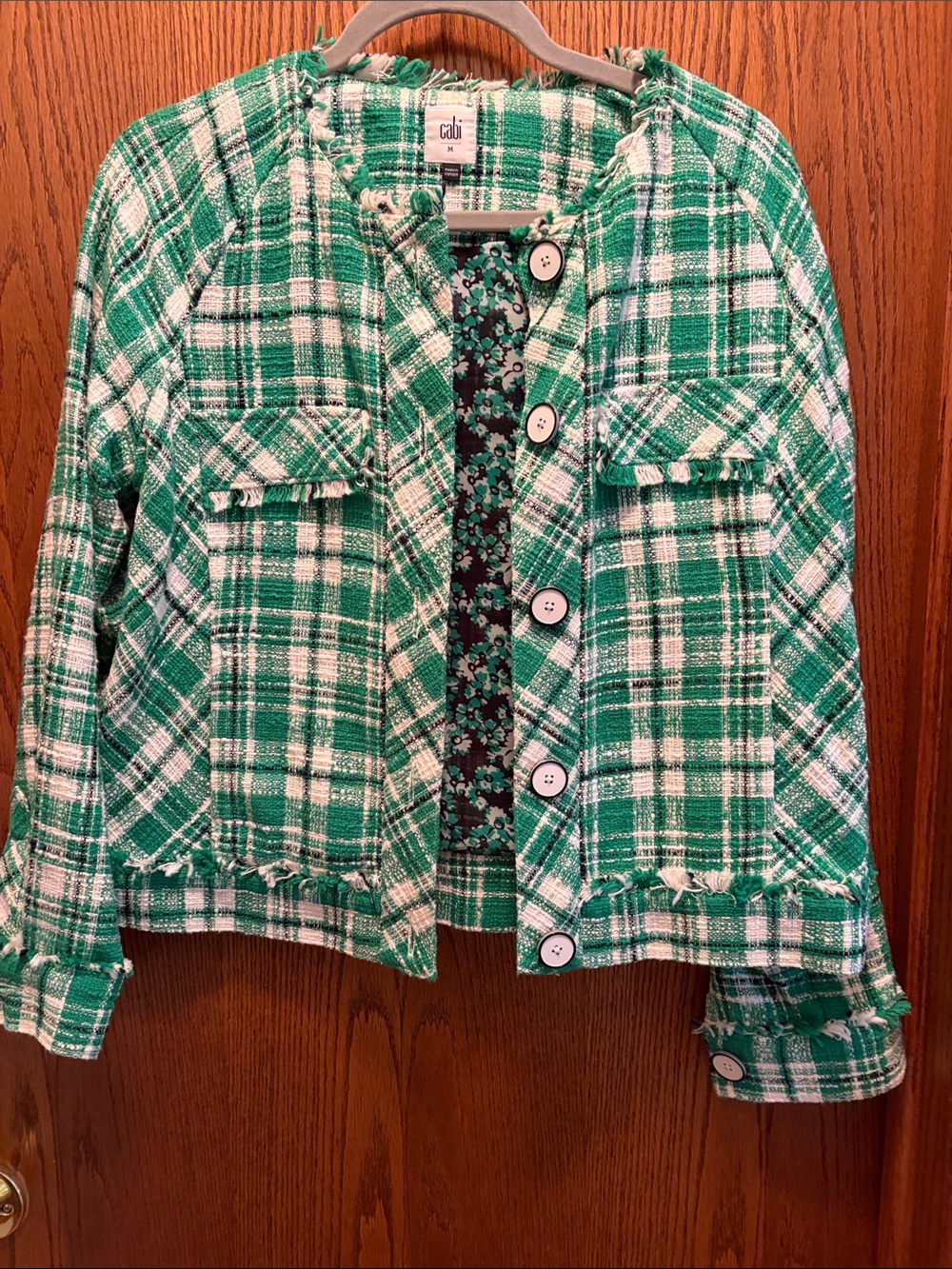 Cabi Green & White Plaid Button Front Jacket